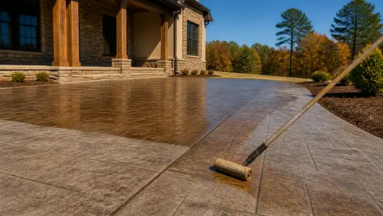 A roller applies sealer to a stamped patio surface. at a stacked-stone and stucco home in Bowling Green, KY, at blue hour.