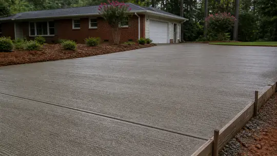 A broom drags across a driveway creating a slip-resistant texture. at a red-brick ranch home in Bowling Green, KY, under an overcast sky.