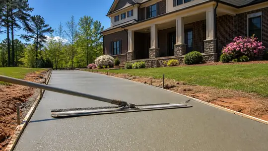 A bull float smooths a residential walkway surface after screeding. at a brick-and-siding two-story home in Bowling Green, KY, after a rain shower.