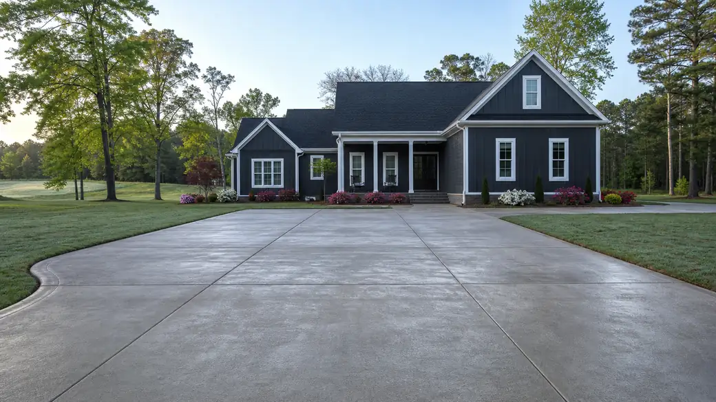 commercial concrete construction completed by a local contractor at a grey split-level home in Bowling Green, KY, under bright midday cloud.
