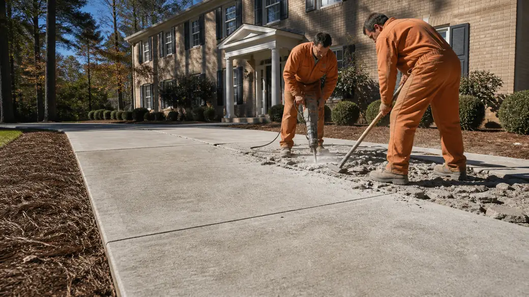 concrete demolition and removal completed by a local contractor at a charcoal farmhouse-modern home in Bowling Green, KY, in late afternoon light.