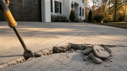 concrete driveway crack repair completed by a local contractor at a red-brick ranch home in Bowling Green, KY, under low winter sun.