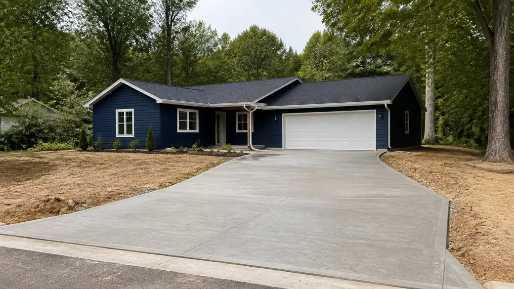 concrete driveway installation completed by a local contractor at a tan-brick colonial in Bowling Green, KY, in clear late-morning sun.