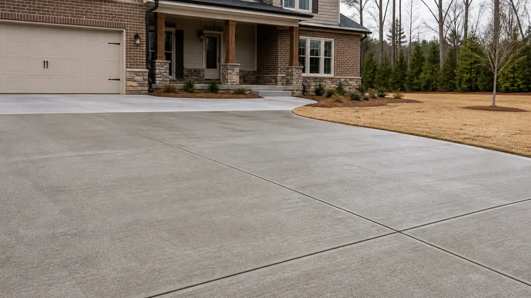 concrete expansion joint installation completed by a local contractor at a stacked-stone and stucco home in Bowling Green, KY, in clear late-morning sun.
