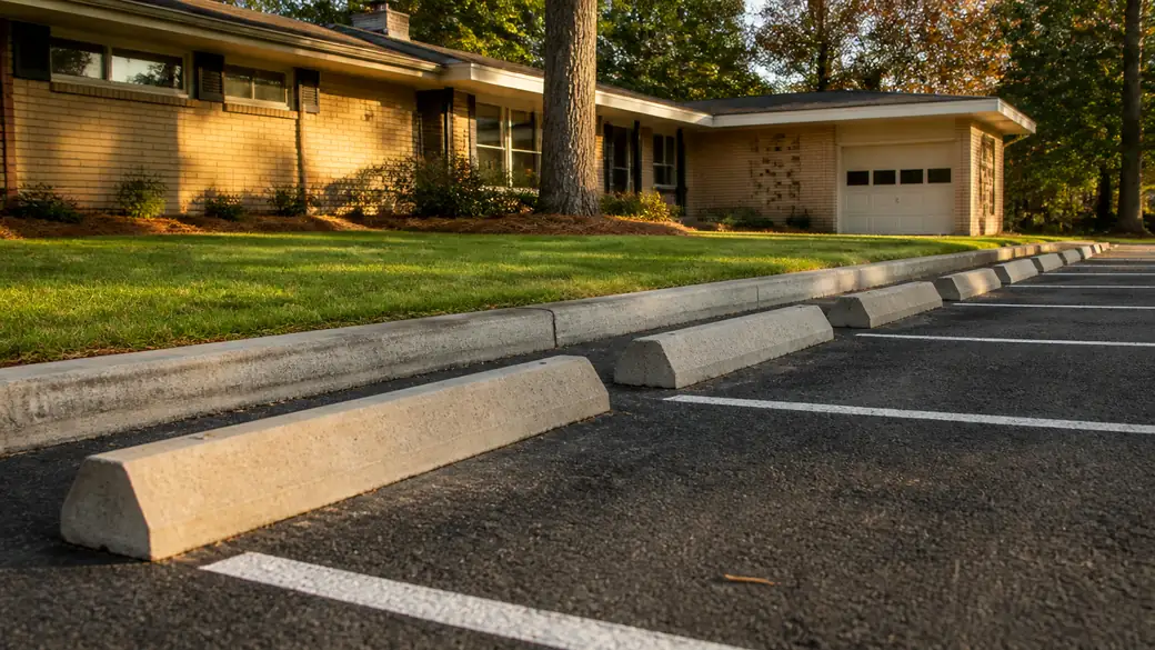concrete parking lot construction completed by a local contractor at a tan-brick colonial in Bowling Green, KY, under low winter sun.