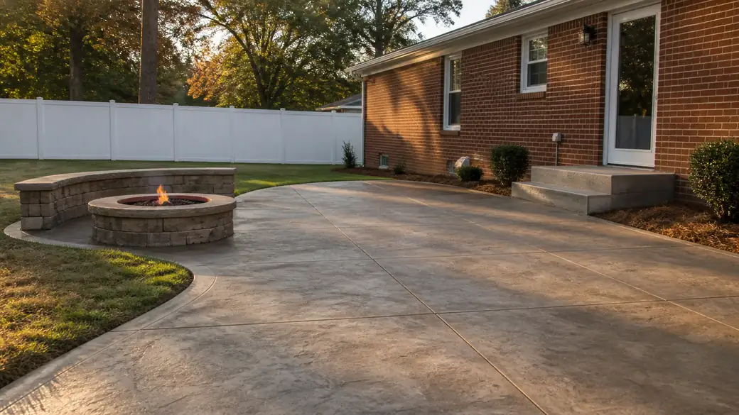 concrete patio construction completed by a local contractor at a tan-brick colonial in Bowling Green, KY, under bright midday cloud.
