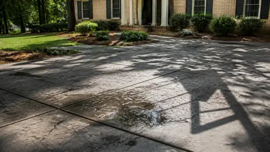 concrete patio repair completed by a local contractor at a buff-brick ranch home in Bowling Green, KY, in early morning light.