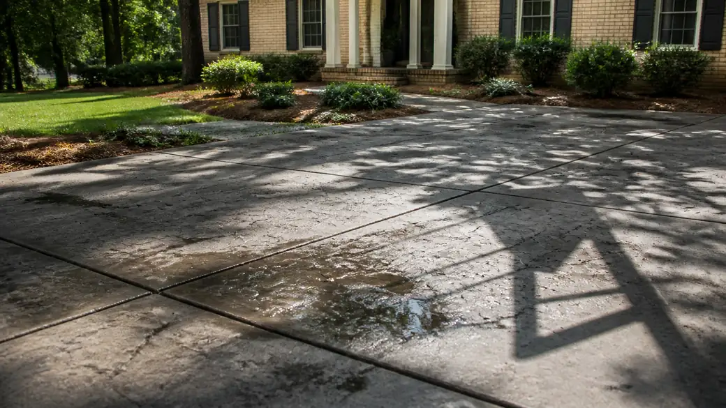 concrete patio repair completed by a local contractor at a buff-brick ranch home in Bowling Green, KY, in early morning light.