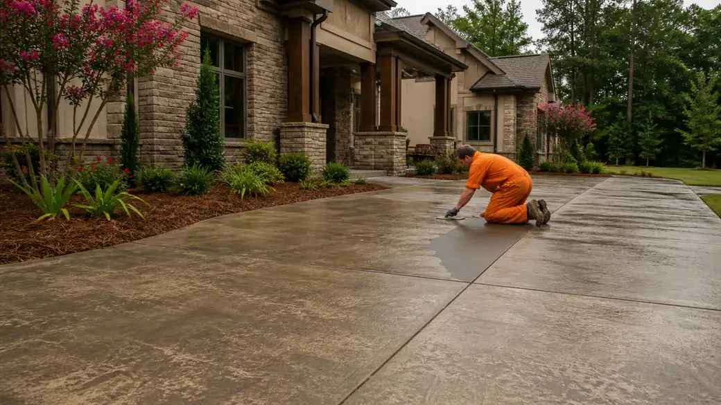 concrete repair and resurfacing completed by a local contractor at a buff-brick ranch home in Bowling Green, KY, in late afternoon light.