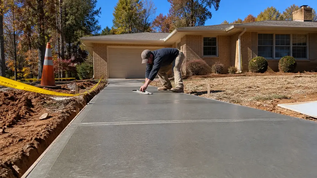 concrete repair services completed by a local contractor at a tan-brick colonial in Bowling Green, KY, at blue hour.