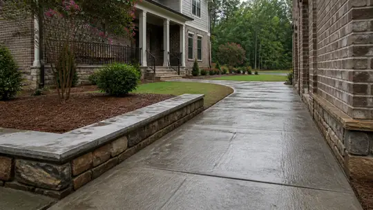 concrete sidewalk installation completed by a local contractor at a charcoal farmhouse-modern home in Bowling Green, KY, under an overcast sky.
