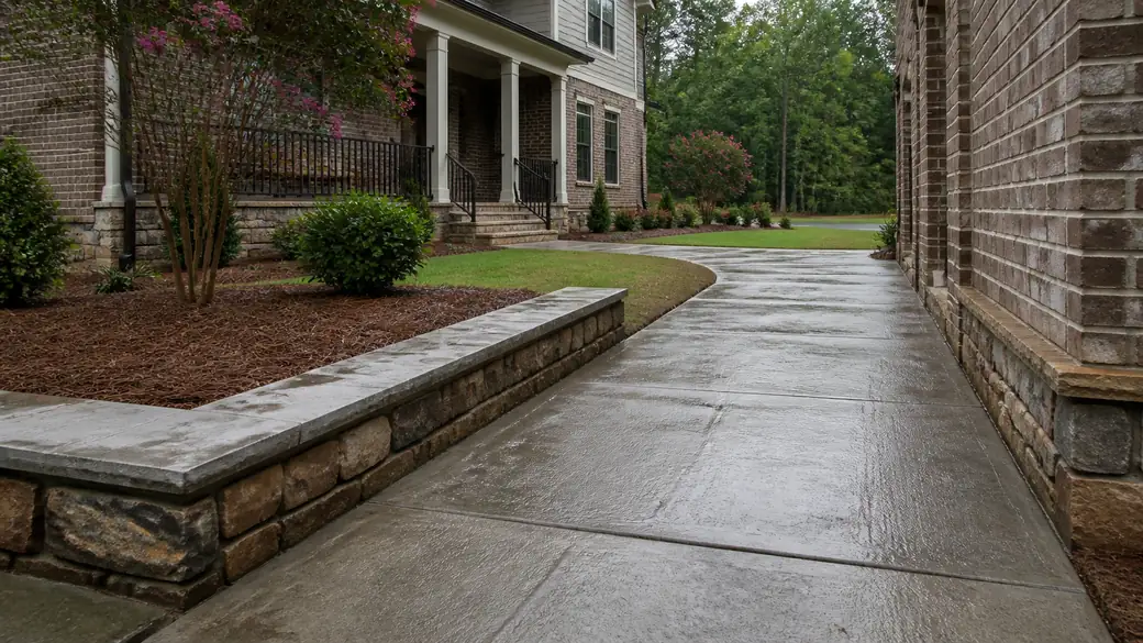 concrete sidewalk installation completed by a local contractor at a charcoal farmhouse-modern home in Bowling Green, KY, under an overcast sky.