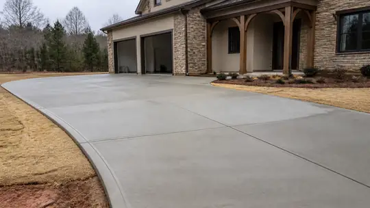 concrete slab installation completed by a local contractor at a buff-brick ranch home in Bowling Green, KY, after a rain shower.