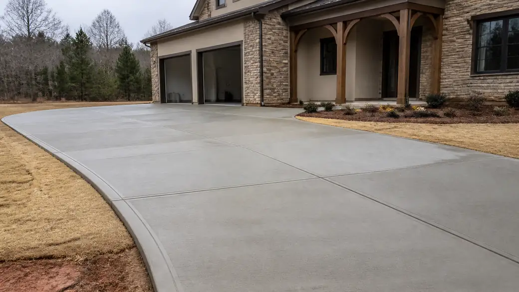 concrete slab installation completed by a local contractor at a buff-brick ranch home in Bowling Green, KY, after a rain shower.