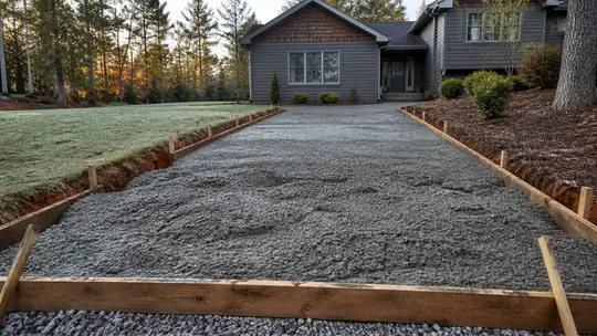 A ready-mix truck discharges concrete into a driveway form. at a grey split-level home in Bowling Green, KY, under low winter sun.