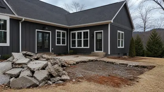 An old patio slab is broken up and hauled away. at a charcoal farmhouse-modern home in Bowling Green, KY, under bright midday cloud.