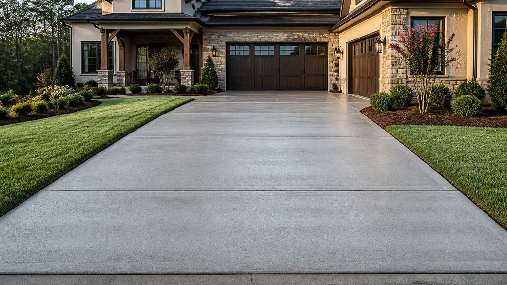 A finished concrete driveway sweeping from the street to the garage, clean-edged and evenly toned in the sun. at a stacked-stone and stucco home in Bowling Green, KY.