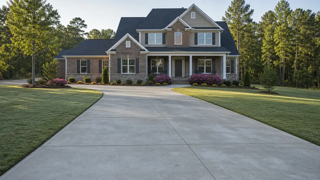 general concrete construction completed by a local contractor at a tan-brick colonial in Bowling Green, KY, in clear late-morning sun.