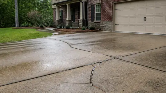 A worker examines an old driveway before replacement. at a brick-and-siding two-story home in Bowling Green, KY, under bright midday cloud.