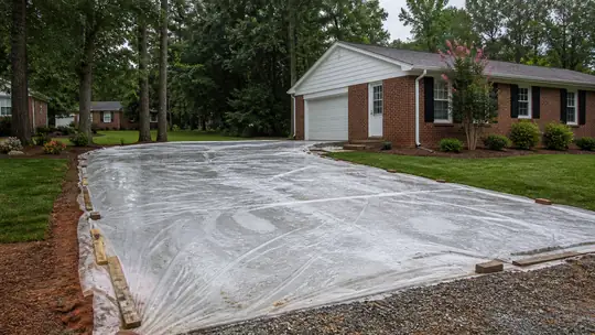 Plastic sheeting covers a curing driveway slab. at a red-brick ranch home in Bowling Green, KY, in late afternoon light.