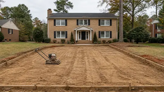 A plate compactor tamps down soil in a small excavated area. at a tan-brick colonial in Bowling Green, KY, at blue hour.