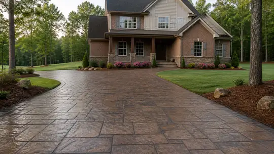 A finished stamped surface shows a glossy sealed sheen. at a brick-and-siding two-story home in Bowling Green, KY, under an overcast sky.