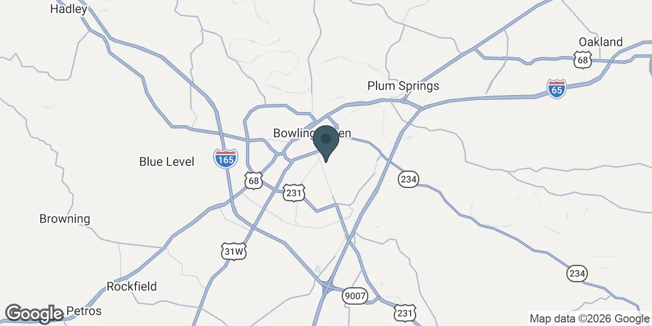 Map of the Bowling Green, KY service area covered by Bowling Green Precision Concrete.