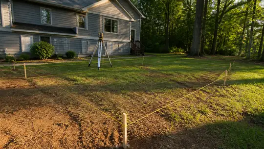 A contractor checks slope and drainage before work begins. at a grey split-level home in Bowling Green, KY, in clear late-morning sun.