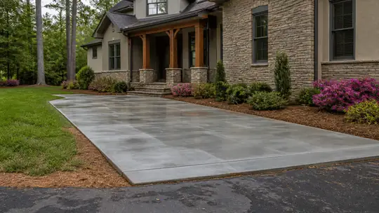 A hand sprayer applies curing compound to a finished patio. at a stacked-stone and stucco home in Bowling Green, KY, under low winter sun.