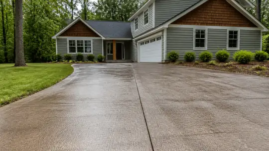 A sprayer applies sealer across a driveway. at a grey split-level home in Bowling Green, KY, in early morning light.
