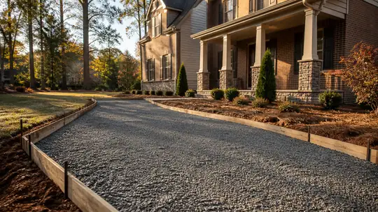 Crushed stone base is raked level inside driveway forms. at a brick-and-siding two-story home in Bowling Green, KY, in early morning light.