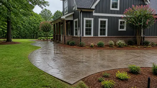 stained concrete installation completed by a local contractor at a painted-white-brick two-story home in Bowling Green, KY, in late afternoon light.