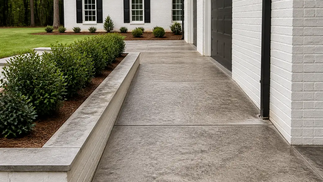 stamped concrete installation completed by a local contractor at a painted-white-brick two-story home in Bowling Green, KY, under bright midday cloud.