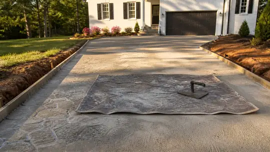 Stamping mats are pressed into a patio surface to imprint a pattern. at a painted-white-brick two-story home in Bowling Green, KY, after a rain shower.