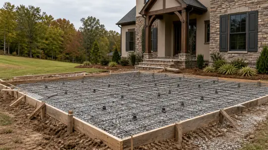 A worker ties rebar into a grid before a residential pour. at a stacked-stone and stucco home in Bowling Green, KY, in early morning light.