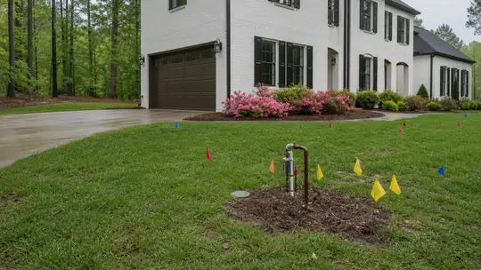 Utility flags mark buried lines before digging starts. at a painted-white-brick two-story home in Bowling Green, KY, in late afternoon light.