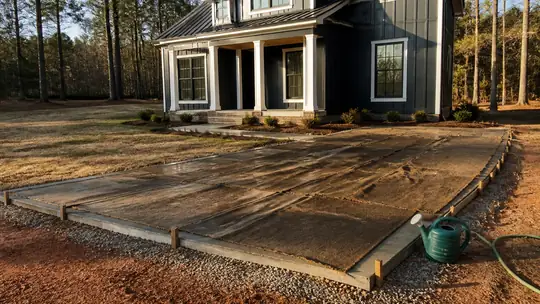 Damp burlap covers a small slab section during curing. at a charcoal farmhouse-modern home in Bowling Green, KY, after a rain shower.