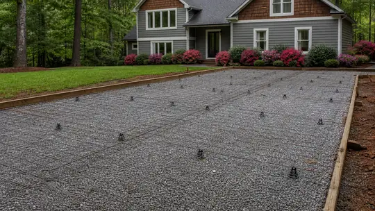 Wire mesh is unrolled across a driveway base before pouring. at a grey split-level home in Bowling Green, KY, under bright midday cloud.
