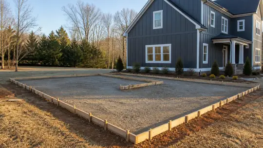 Wooden forms outline a patio slab before the pour. at a charcoal farmhouse-modern home in Bowling Green, KY, in late afternoon light.